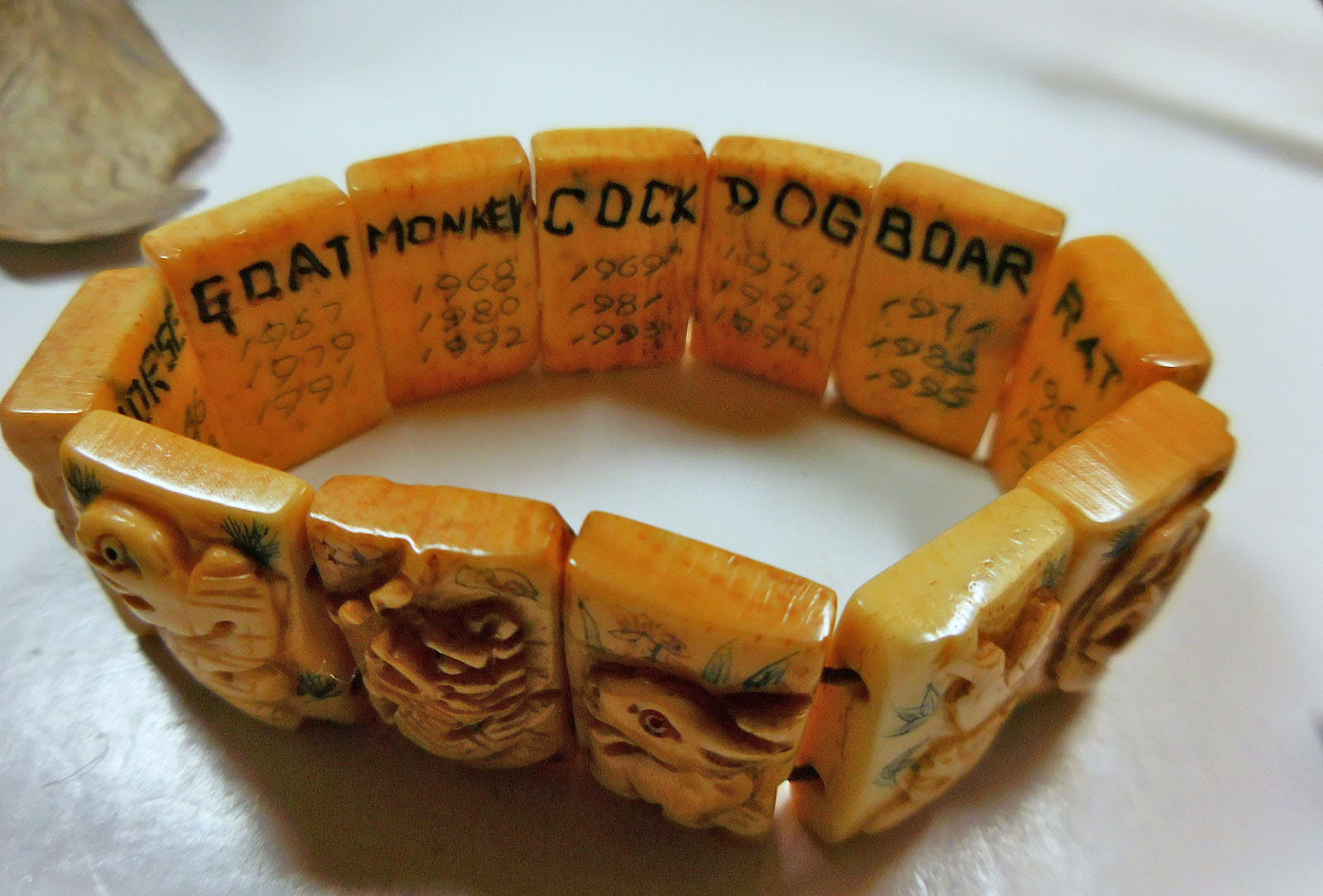 Vintage Carved Bone 12 Tile Chinese Zodiac Bracelet