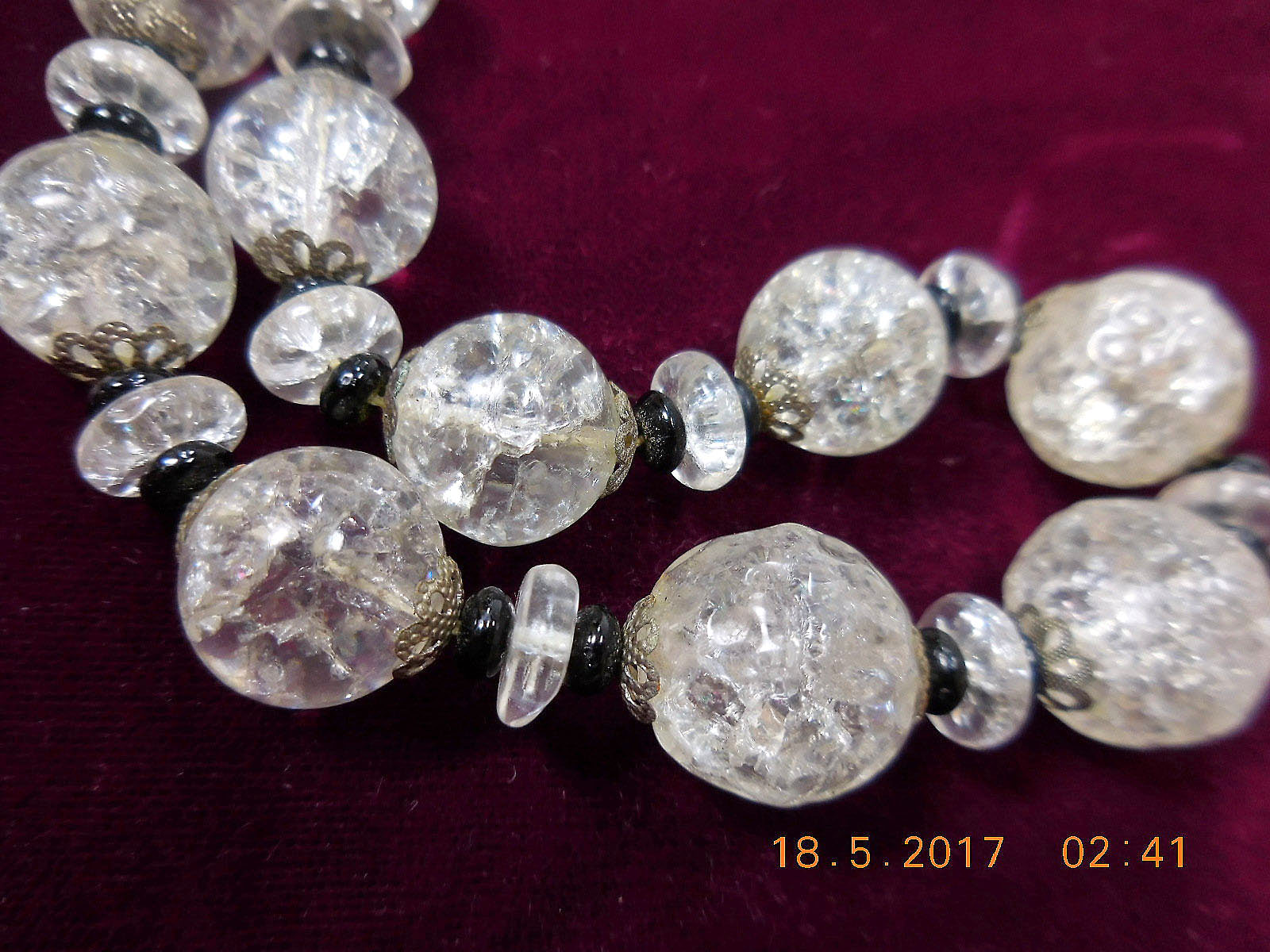 Vintage Czech Clear & Black Bumpy Crackled Glass Bead Necklace