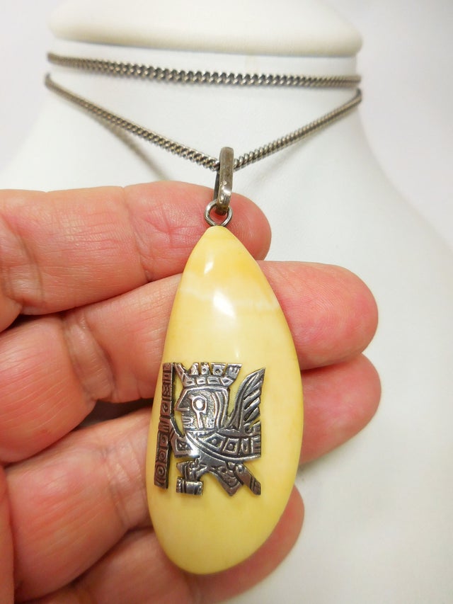 Old Sterling Mayan Ivory Tooth Pendant Necklace